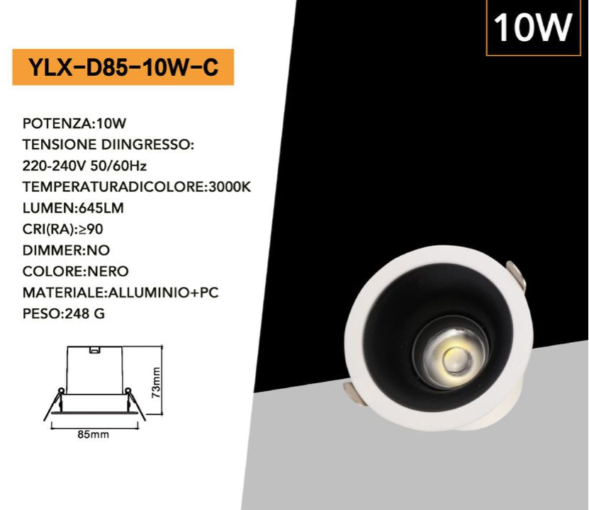 Faretto COB LED da Incasso Rotondo Orientabile Universo YLX-D85-10W – 10W, CRI≥90, Compatibile con Portafaretti