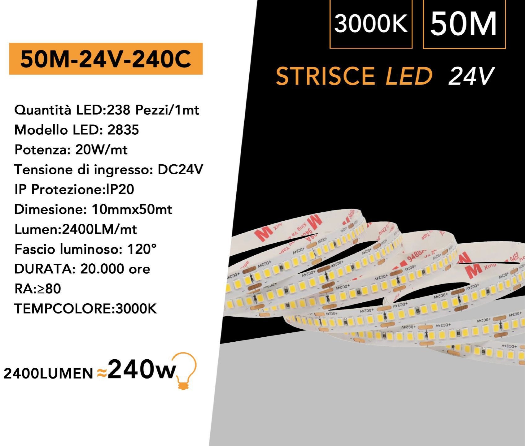 STRISCIA LED SMD 2835 24V Monocolore – Bobina 50 Metri 20W/m, 240 LED/m, 120.000 Lumen Totali, IP20