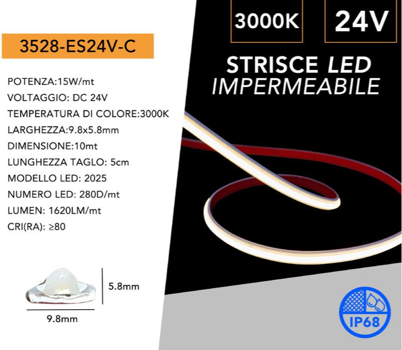 Striscia LED SMD Monocolore Subacquea UNIVERSO 3528-ES24V | 280 LED/m DC 24V IP68 10m