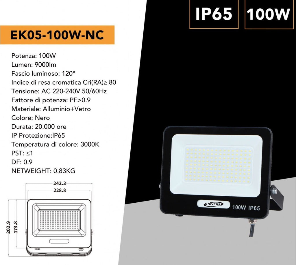 Proiettore SMD LED Slim UNIVERSO EK05-100W-N 100W | CCT Selezionabile 3000K-4000K-6500K IP65 Nero