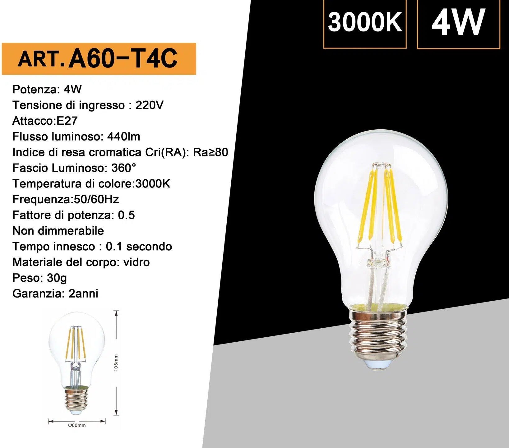 Confezione da 10 Pezzi Universo – Lampadina LED E27 4W, Bulb A60 a Filamento, 360°, 440 Lumen, CCT 2700K/4000K/6500K