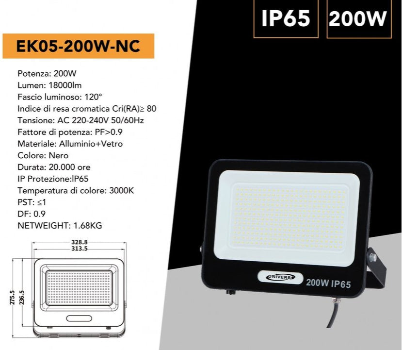 Proiettore SMD LED Slim UNIVERSO EK05-200W-N 200W | CCT Selezionabile 3000K-4000K-6500K IP65 Nero