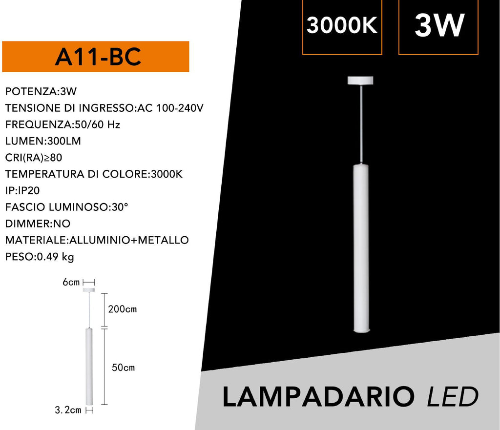 Lampadario Applique a Sospensione di Forma Cilindrica – 3W, 300 Lumen, Colore Bianco o Nero