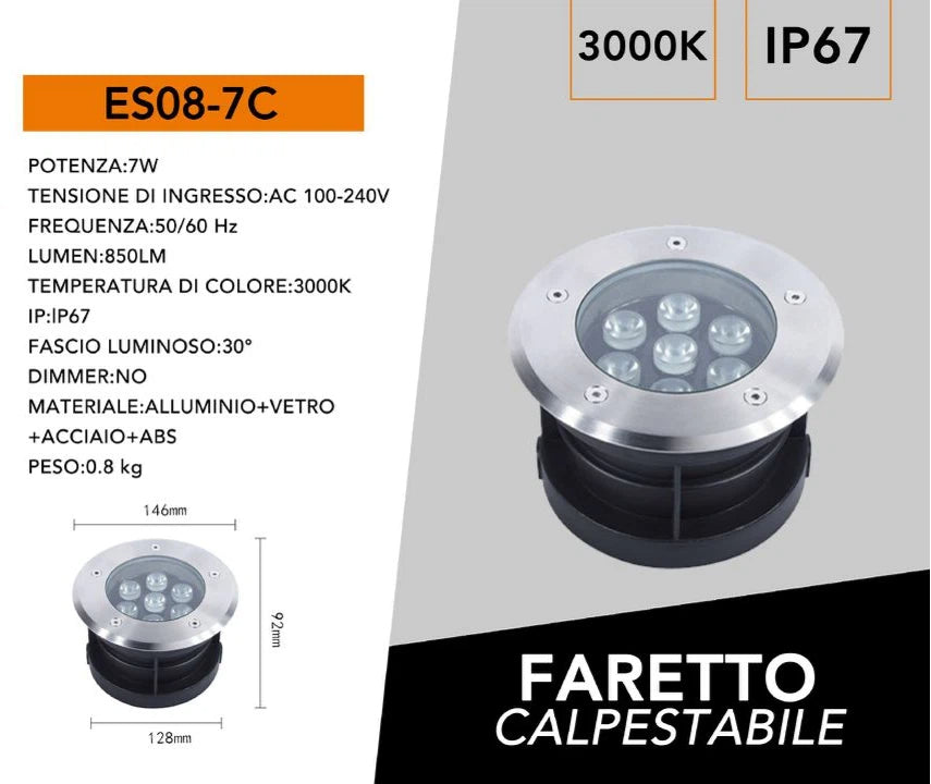 Faretto Segnapasso Calpestabile a LED da Interramento 7W SMD Power LED IP67