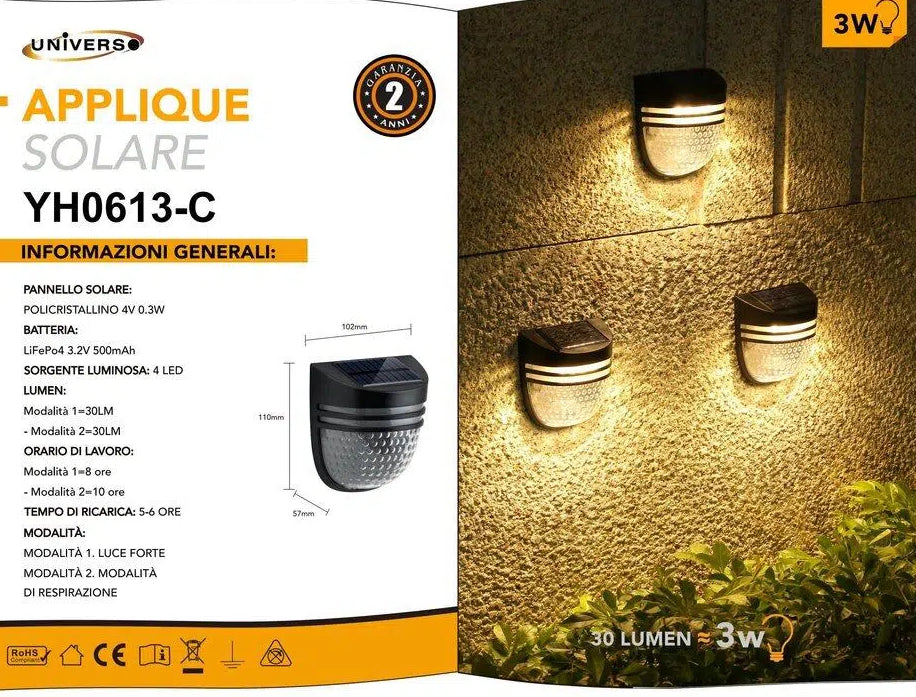 Faretto Applique LED da Giardino 3W con Pannello Solare – Ricaricabile, IP65 per Esterno