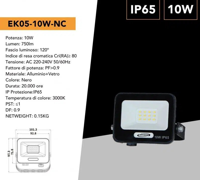 Proiettore SMD LED Slim UNIVERSO EK05-10W-N 10W | CCT Selezionabile 3000K-4000K-6500K IP65 Nero