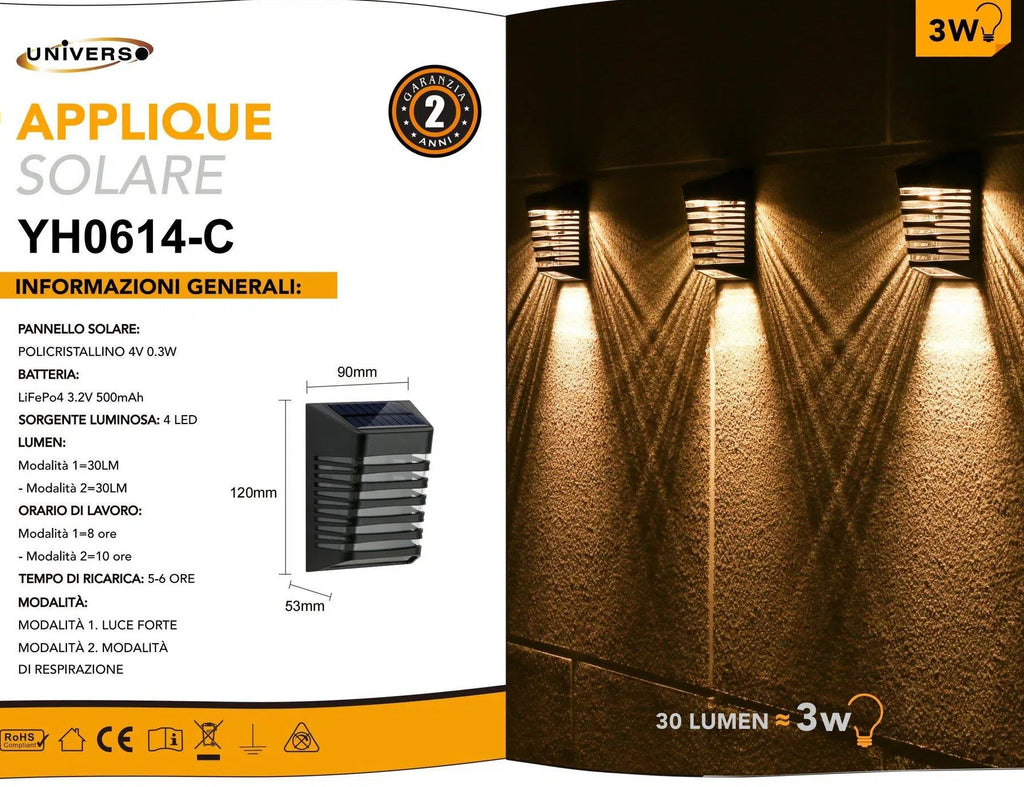 Faretto Applique LED da Giardino 3W con Pannello Solare – Ricaricabile, Esterno, IP65