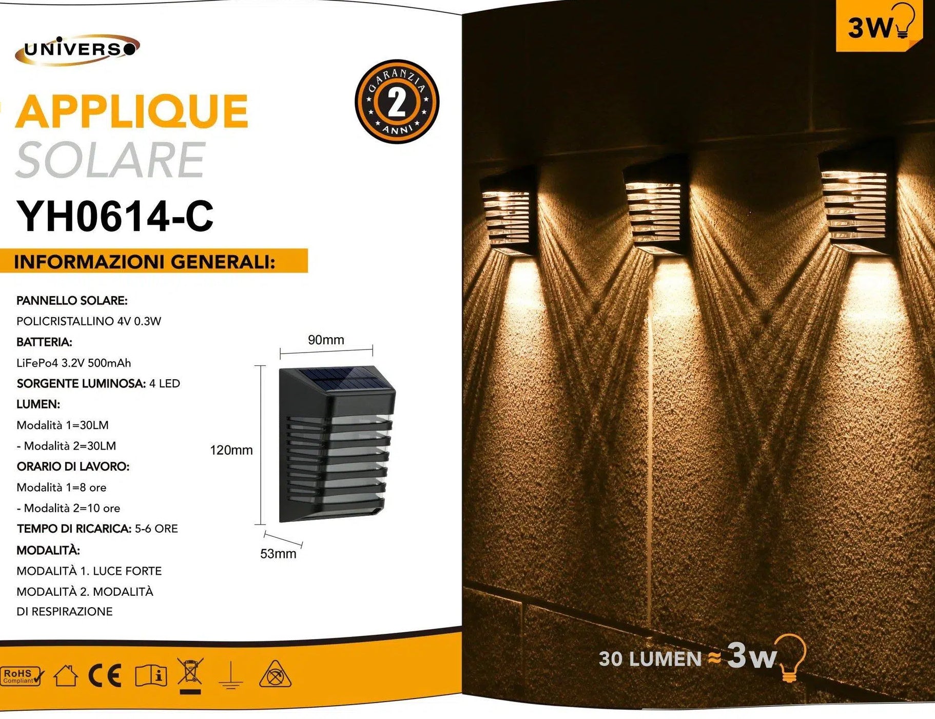 Faretto Applique LED da Giardino 3W con Pannello Solare – Ricaricabile, Esterno, IP65