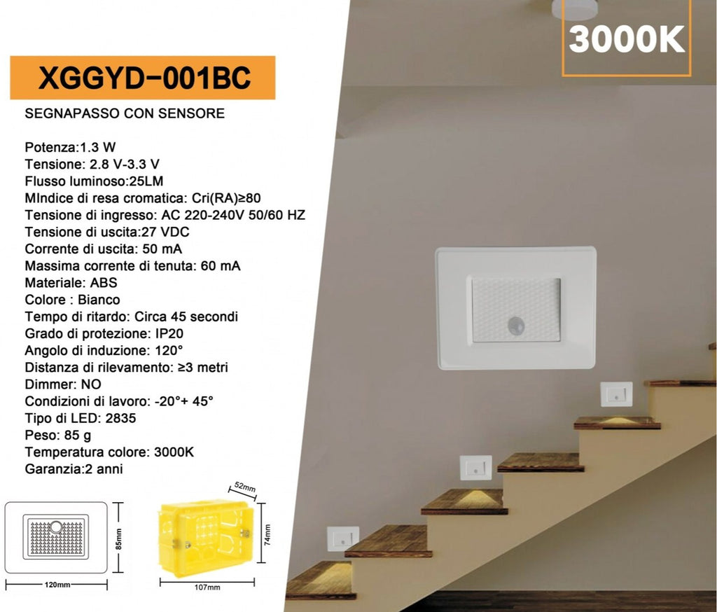 PUNTO LUCE SEGNAPASSO LED A INCASSO RETTANGOLARE CON SCATOLA E503 1.3W 25LM