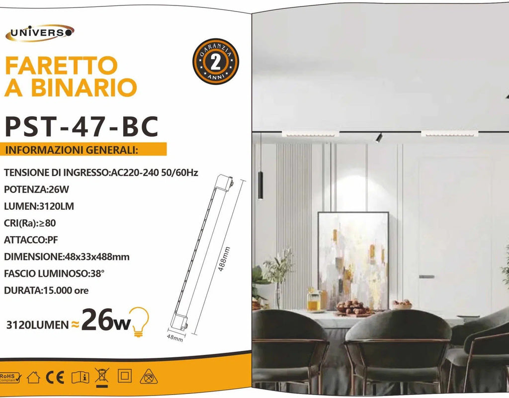 Track Light Faretto Lineare LED SMD Universo PST-47-N – 26W, 38°, per Binario Elettrificato Monofase, Colore Bianco