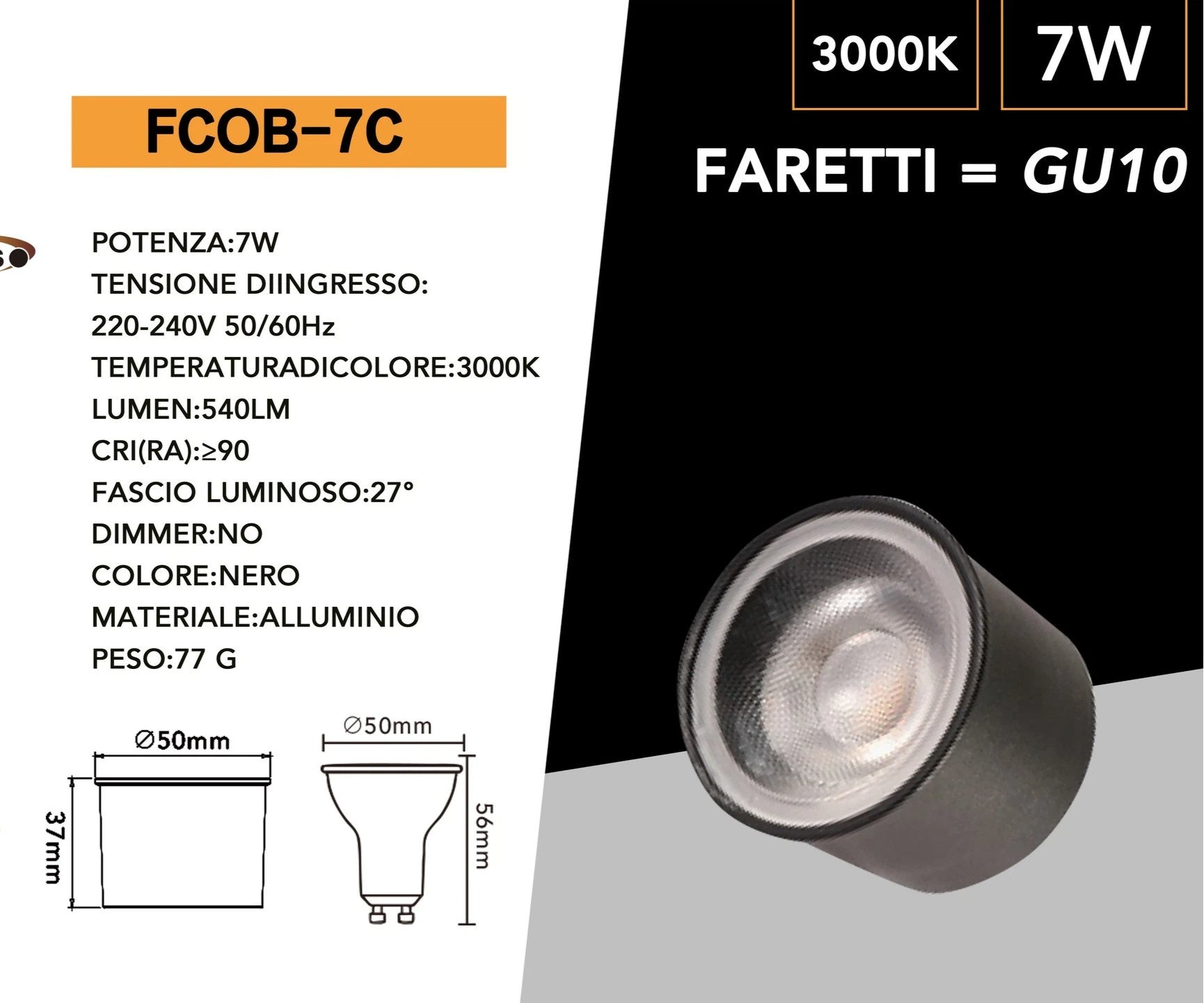 Faretto COB LED Spot Light Universo FCOB-7 – 7W, CRI≥90, per Sostituzione Lampadine GU10, Diametro 50mm