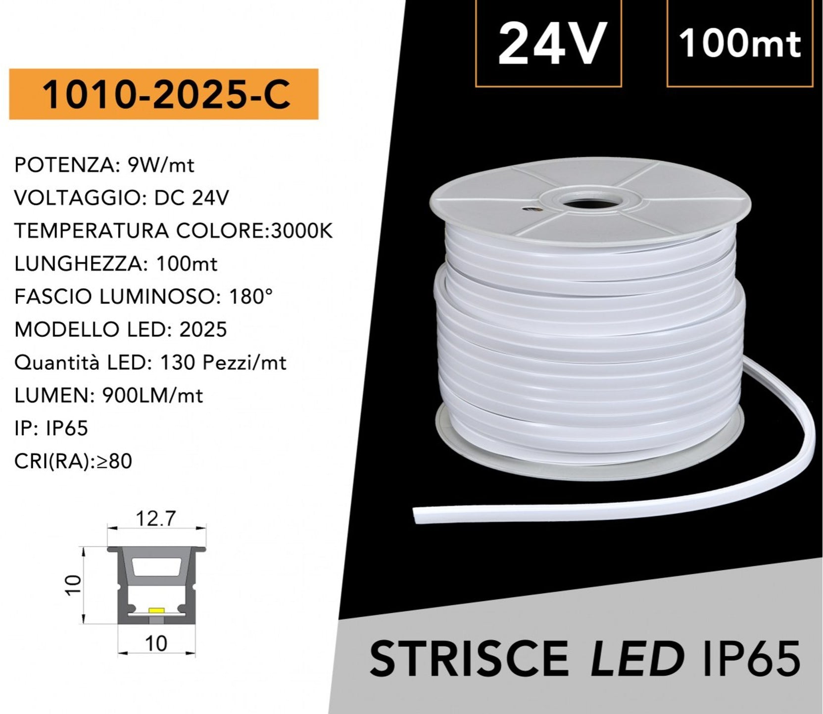 Striscia LED Flessibile UNIVERSO 100m | DC 24V 9W/m IP65 per Esterno Tagliabile