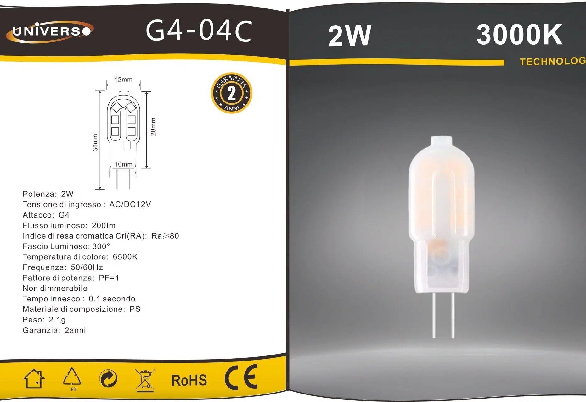 Confezione da 15 Pezzi Universo – Lampadina LED G4 2W, Bulb Chip SMD, 300°, 200 Lumen, AC/DC 12V