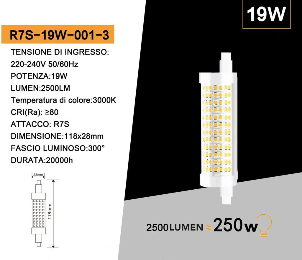 Lampadina LED R7S Universo R7S-19W-001 – 19W Tubolare 118mm SMD, 2500 Lumen, CCT 3000K/4000K/6500K