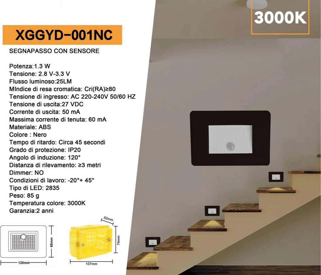 PUNTO LUCE SEGNAPASSO LED A INCASSO RETTANGOLARE CON SCATOLA E503 1.3W 25LM