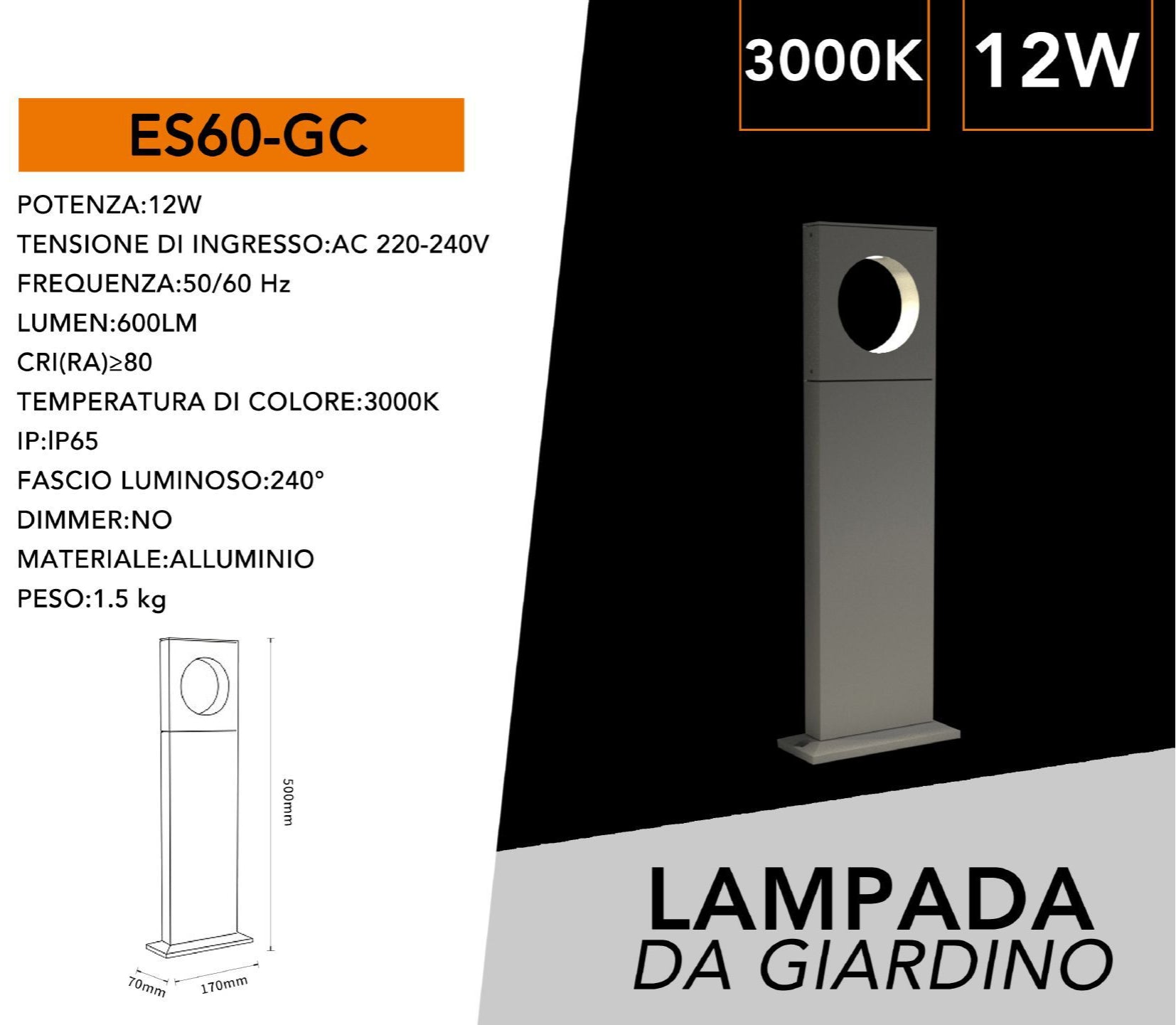 Lampada LED da Giardino 12W – Alluminio Grigio, Fissaggio a Terra, IP65, Lampione 500 mm, 600 Lumen