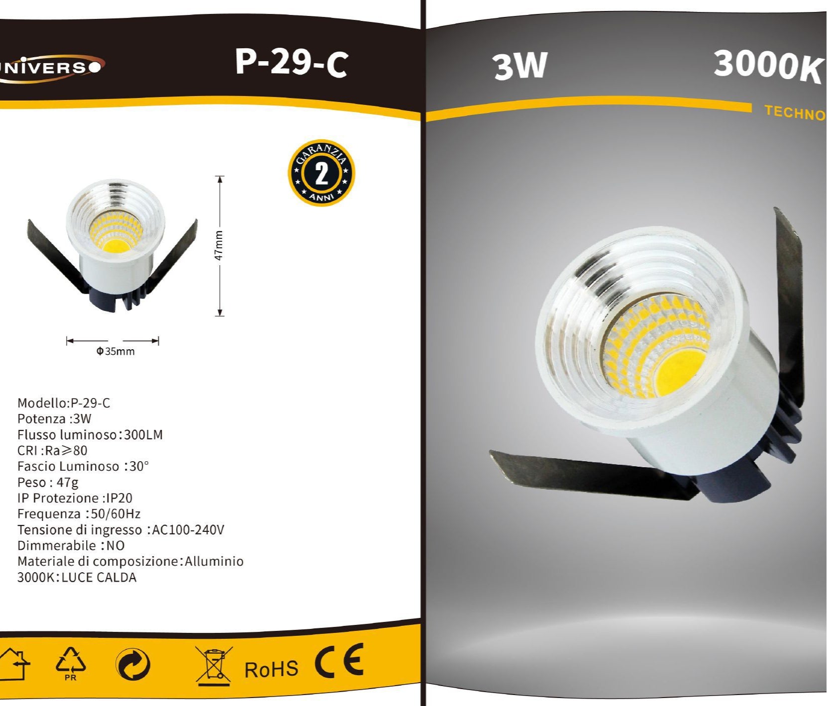 Faretto LED Rotondo da Incasso 3W | CCT Selezionabile 3000K-4000K-6500K Bianco/Argento IP20