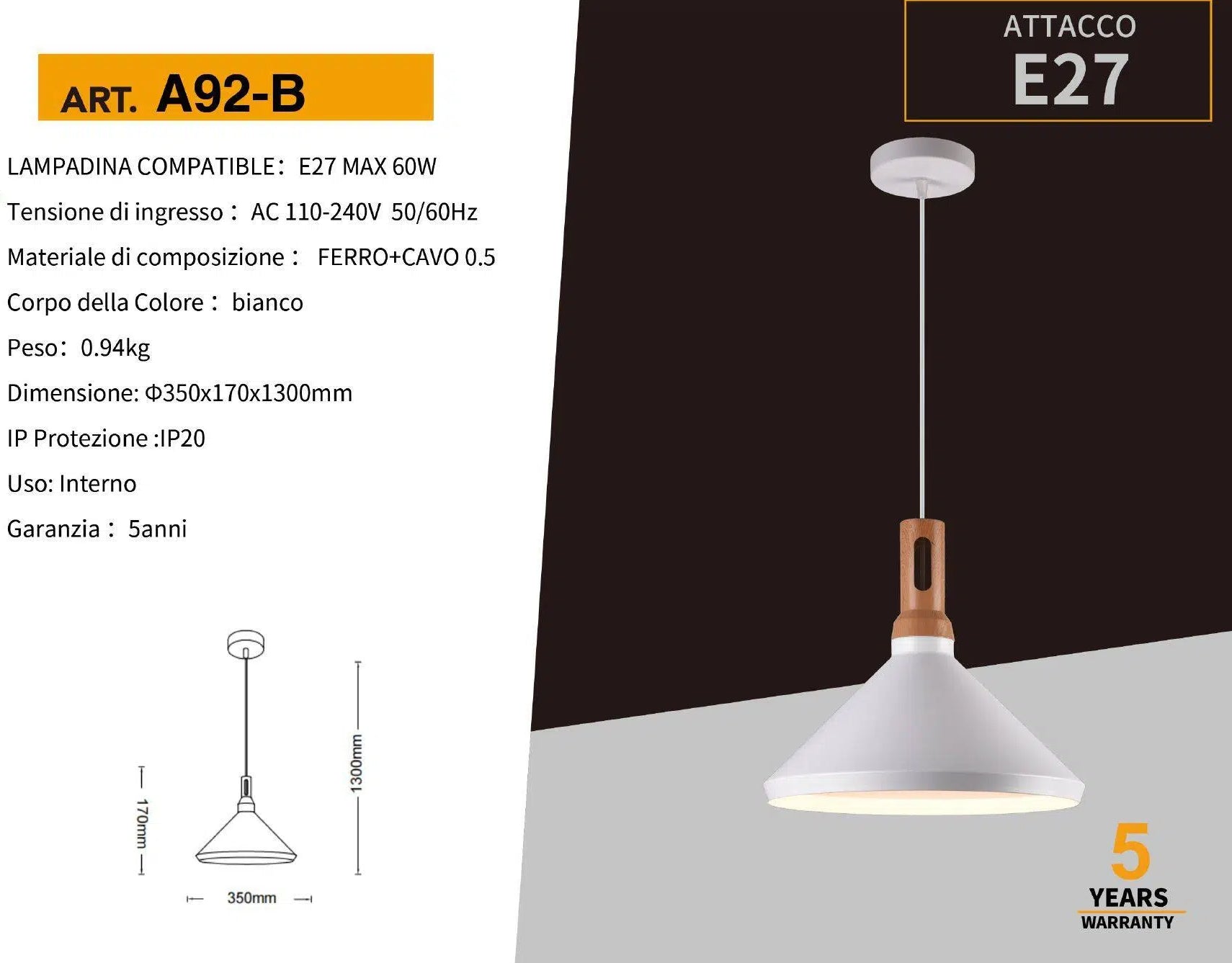 Lampadario in Metallo a Campana Universo A92 – Portalampada per Lampadine E27, Colore Bianco e Nero