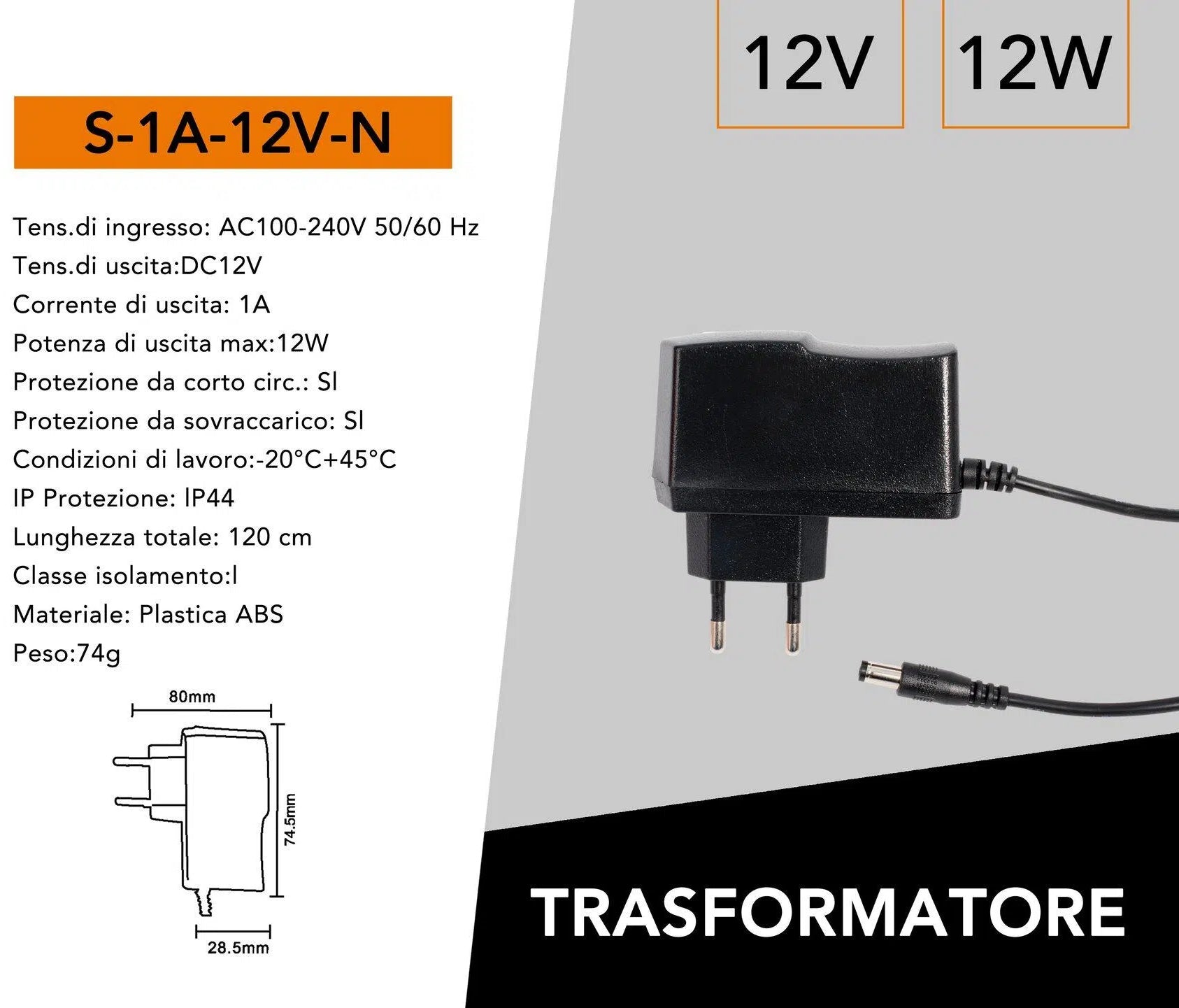 Alimentatore Switching DC 12V 1A 12W – per Illuminazione LED e Telecamere CCTV a Circuito Chiuso