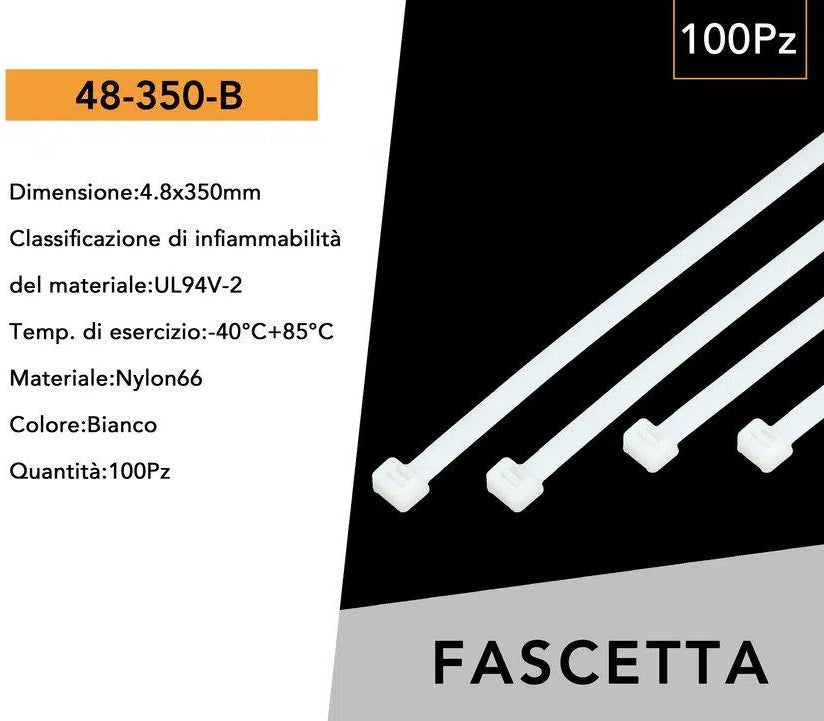 Confezione da 100 Pezzi – Fascette Serracavo Autobloccanti in Nylon Bianco 4,8 mm x 350 mm