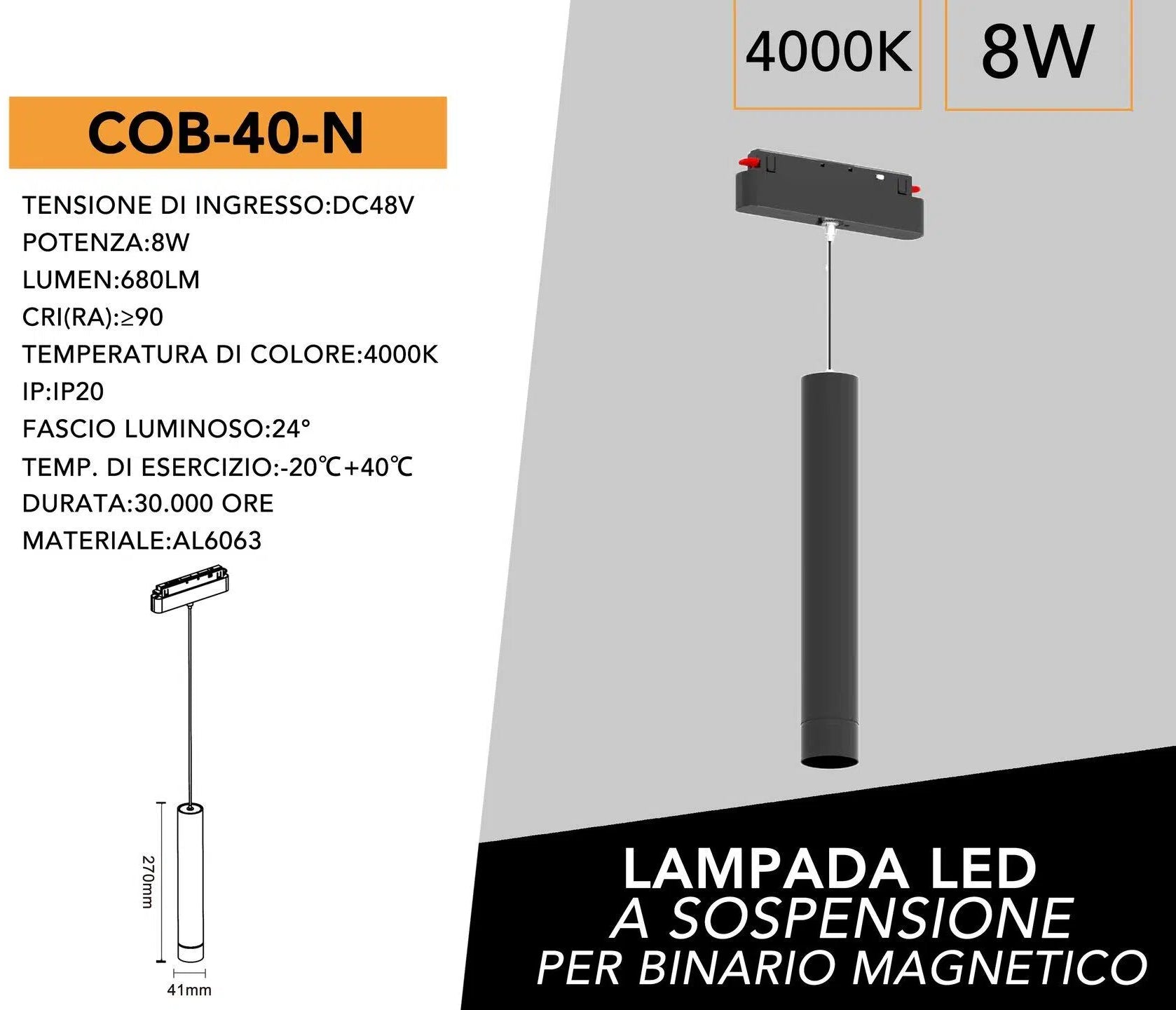 UNIVERSO MAGNETIC PENDANT LIGHT LAMPADA LED A SOSPENSIONE MAGNETICA 8W NERO CRI≥90