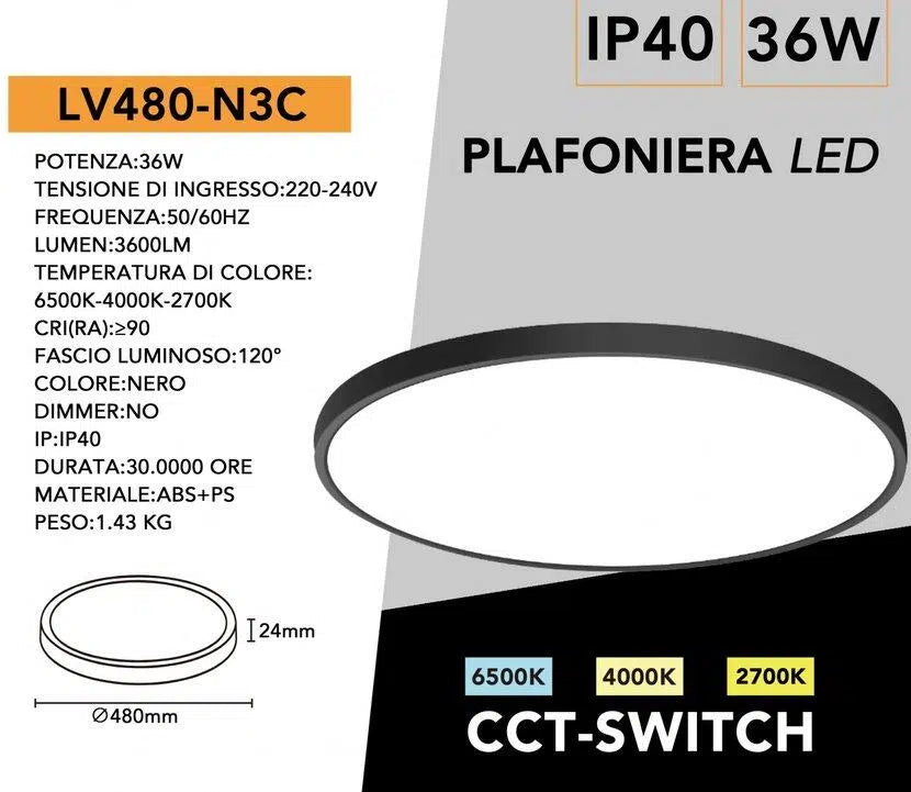 Plafoniera Ultra Slim SMD LED Rotonda UNIVERSO LV-480-N3C 36W Ø48cm | CCT 3in1 IP40 Nero