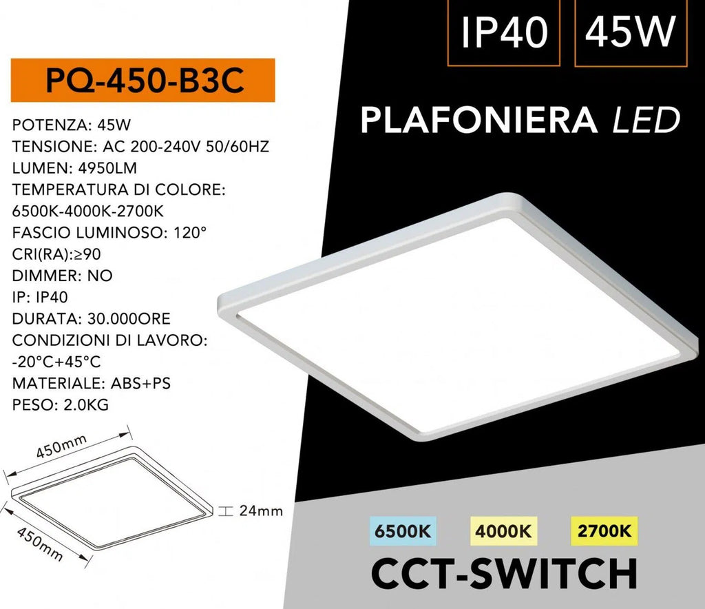 Plafoniera Ultra Slim Quadrata Bianca UNIVERSO PQ-450-B3C 45W | CCT 3in1 IP40