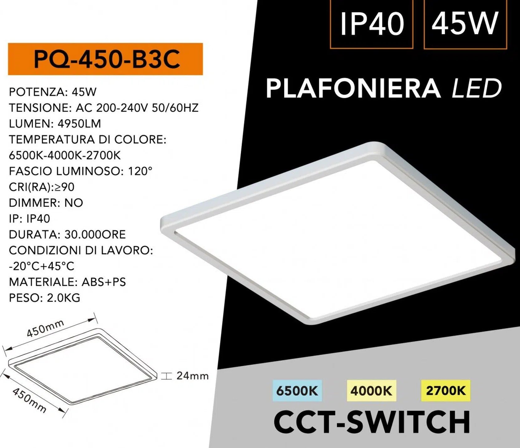 Plafoniera Ultra Slim Quadrata Bianca UNIVERSO PQ-450-B3C 45W | CCT 3in1 IP40