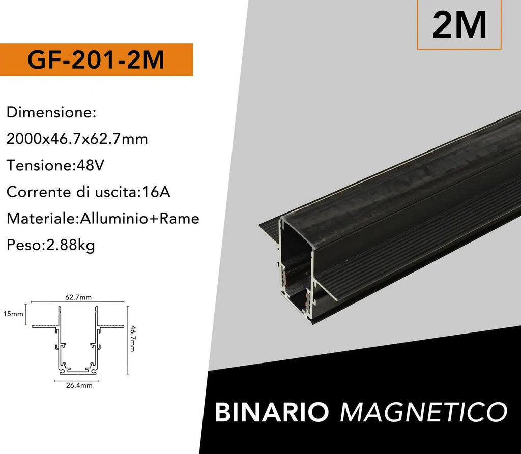 Binario Lineare da Incasso in Alluminio Nero Universo per Track Lights Magnetiche DC 48V – Lunghezza 2 Metri