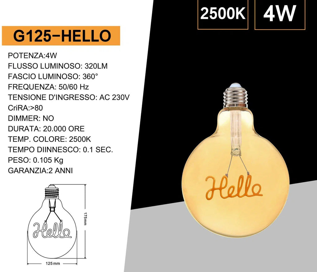 Lampadina LED E27 Universo G125-HELLO – 4W, Globo G125 a Filamento con Scritta "HELLO", Vetro Ambrato, Luce Calda 2500K