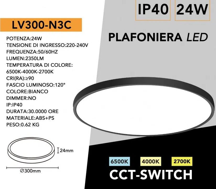 Plafoniera Ultra Slim SMD LED Rotonda UNIVERSO LV-300-N3C 24W Ø30cm | CCT 3in1 IP40 Nero
