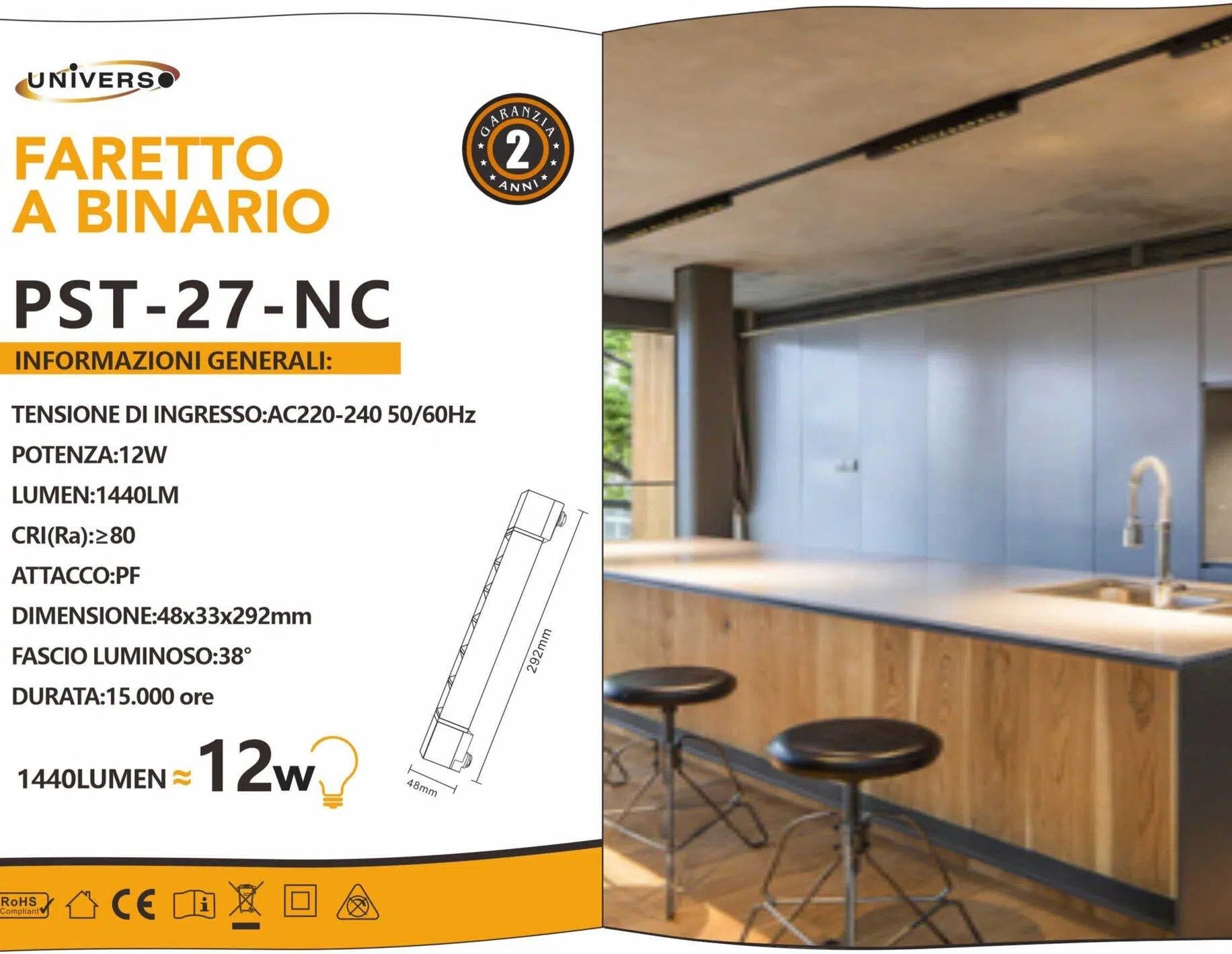 Track Light Faretto Lineare LED SMD Universo PST-27-N – 12W, 38°, per Binario Elettrificato Monofase, Colore Nero