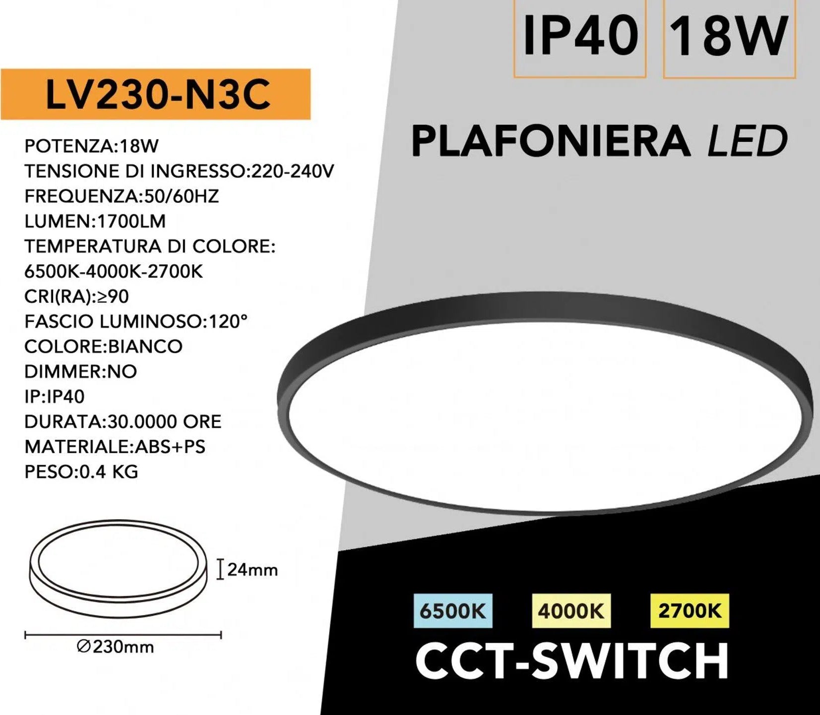 Plafoniera Ultra Slim SMD LED Rotonda UNIVERSO LV-230-N3C 18W Ø23cm | CCT 3in1 IP40 Nero