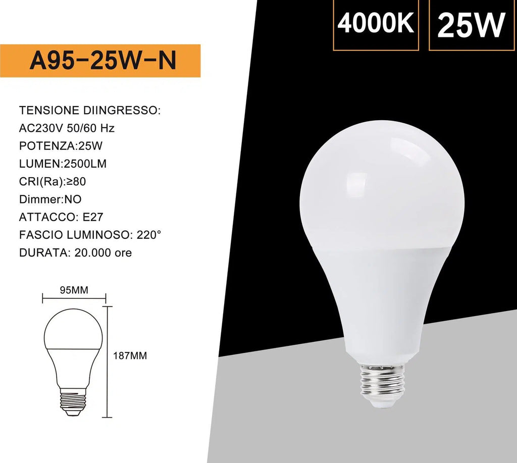 Lampadina SMD LED Universo A95-25W – Attacco E27, Bulb A95 a Goccia, 25W, 2600 Lumen, CCT 3000K/4000K/6500K