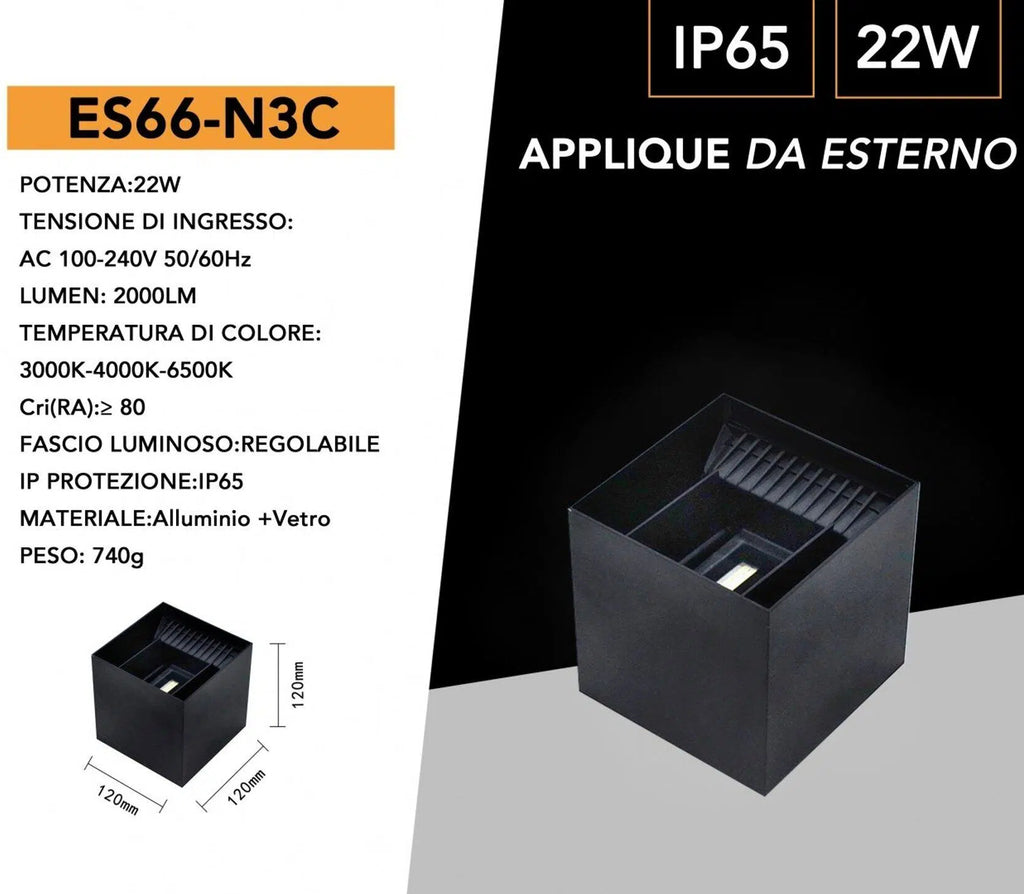 Applique LED da muro nera 22W doppia emissione con CCT 3in1 selezione temperatura luce 3000K 4000K 6500K IP65 per esterno