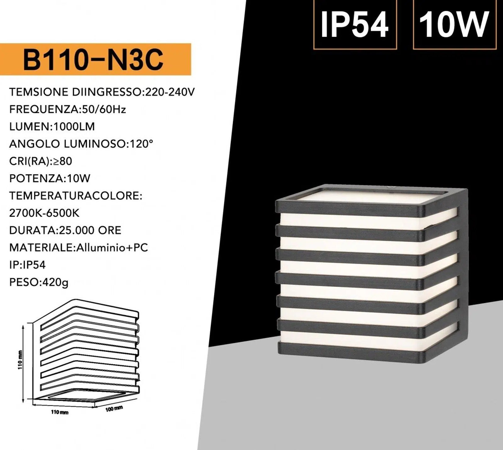 Applique LED da muro quadrata UNIVERSO 10W SMD colore nero con CCT 3in1 selezione colore 3000K 4000K 6500K IP54