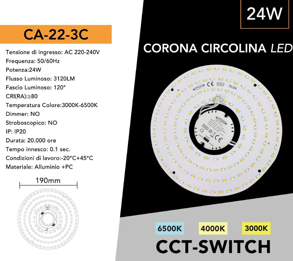 Plafoniera Circolare LED Magnetica T9 CCT 3in1 24W Ø19cm | Attacco G10q 3000K-4000K-6500K