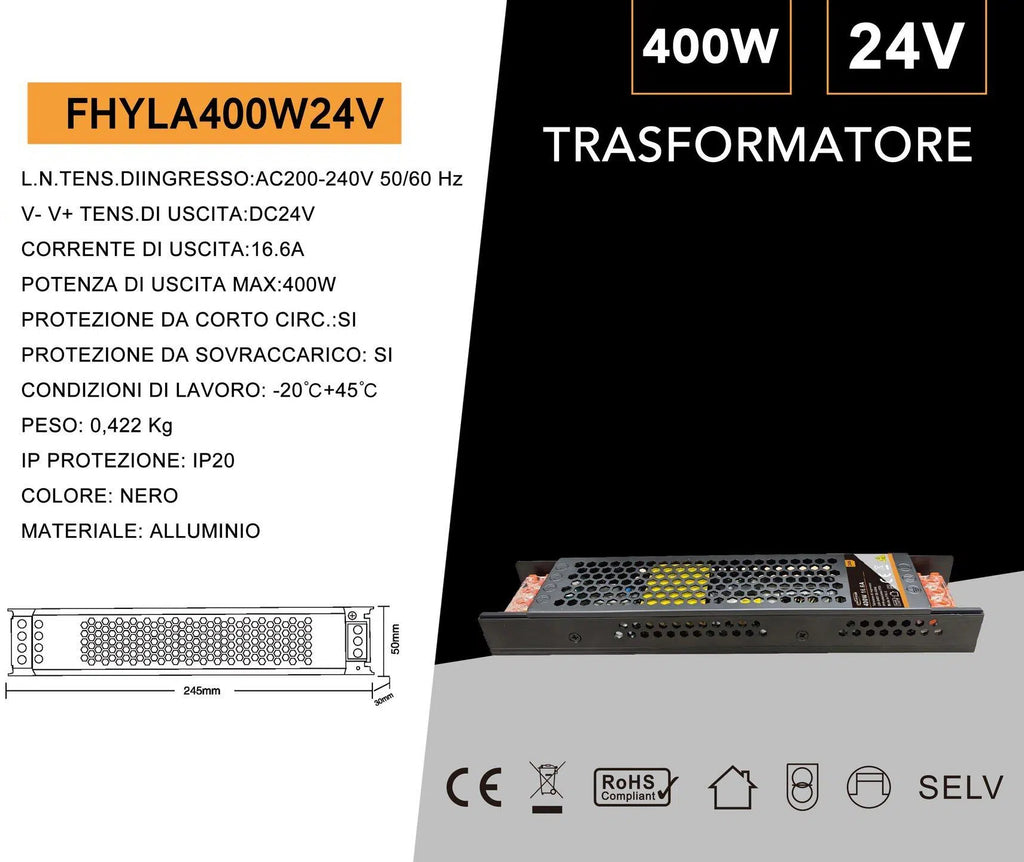 Alimentatore slim metallico stabilizzato switching trimmer 220V-24V 16.6A 400 watt colore nero