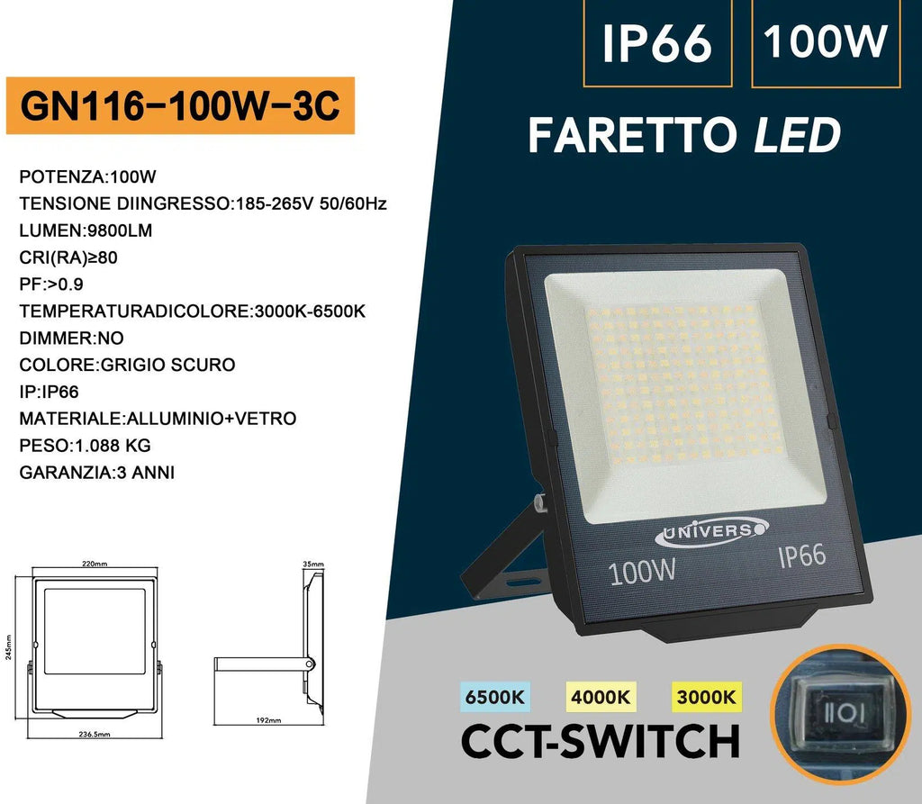 Proiettore SMD LED Slim UNIVERSO GN116-100W-3C 100W | CCT 3in1 Selezionabile IP66 Grigio