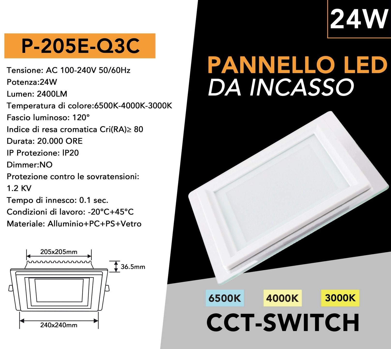 Pannello LED Slim Quadrato in Vetro 24W 2400 Lumen | CCT Regolabile 3000K-4000K-6500K