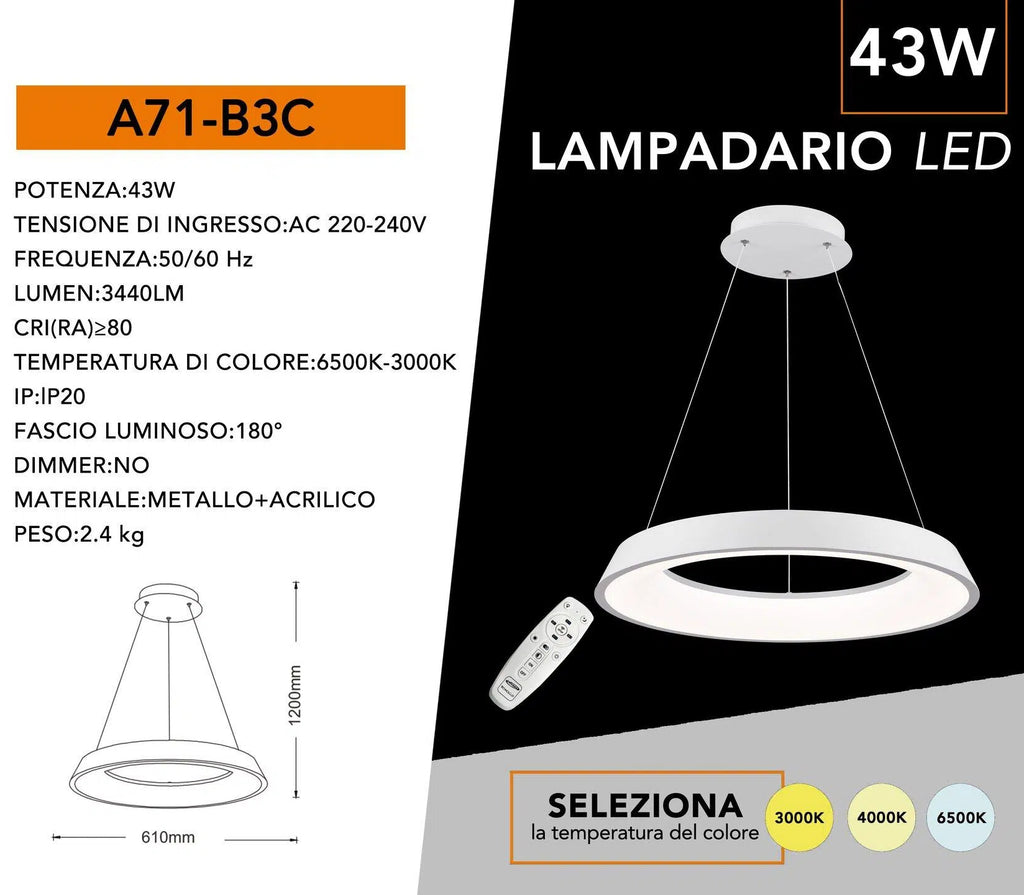 Lampadario LED SMD a Sospensione Universo A71-B3C – Design Circolare 43W, Colore Bianco, CCT 3in1 (3000K/4000K/6500K)