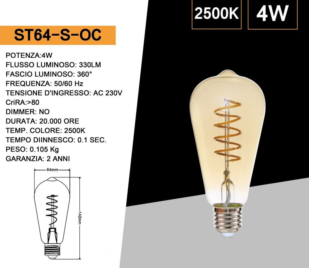 Lampadina LED E27 Universo ST64-S-OC – 4W, Bulb ST64 a Spirale, LED Filamento, Vetro Ambrato, Luce Calda 2500K