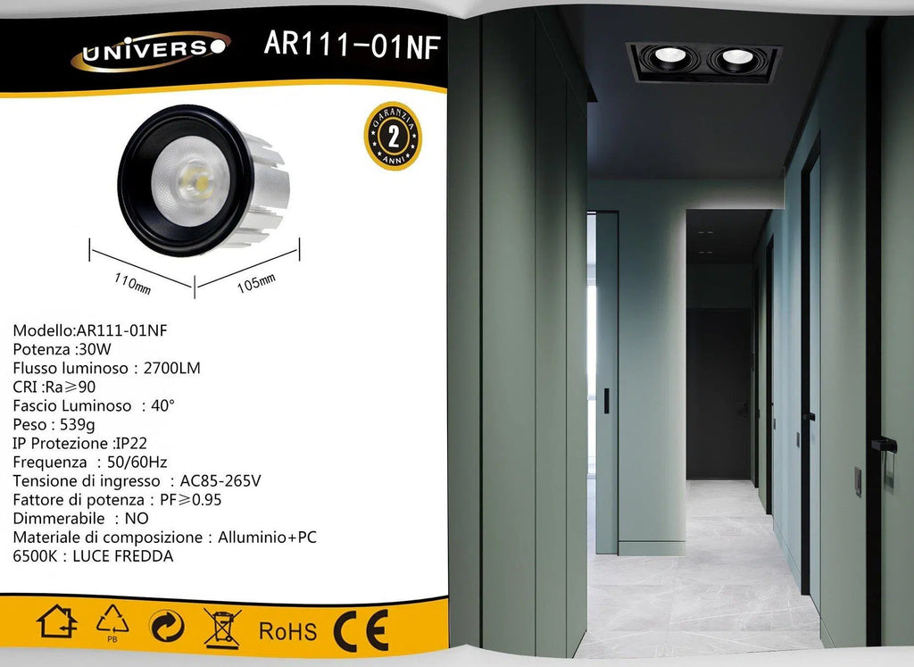 Lampadina Faretto LED Incasso AR111 30W – Riflettore 40°, 2700 Lumen, Colore Nero
