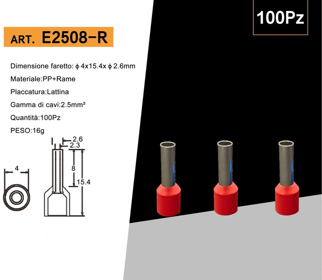 Confezione da 100 pezzi – Tubetto terminale capicorda isolato per cavi da 2,5 mm², lunghezza terminale 8 mm – Colori giallo, rosso, blu