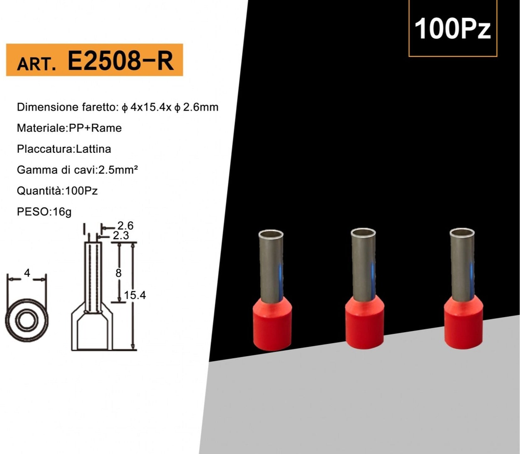 Confezione da 100 pezzi – Tubetto terminale capicorda isolato per cavi da 2,5 mm², lunghezza terminale 8 mm – Colori giallo, rosso, blu