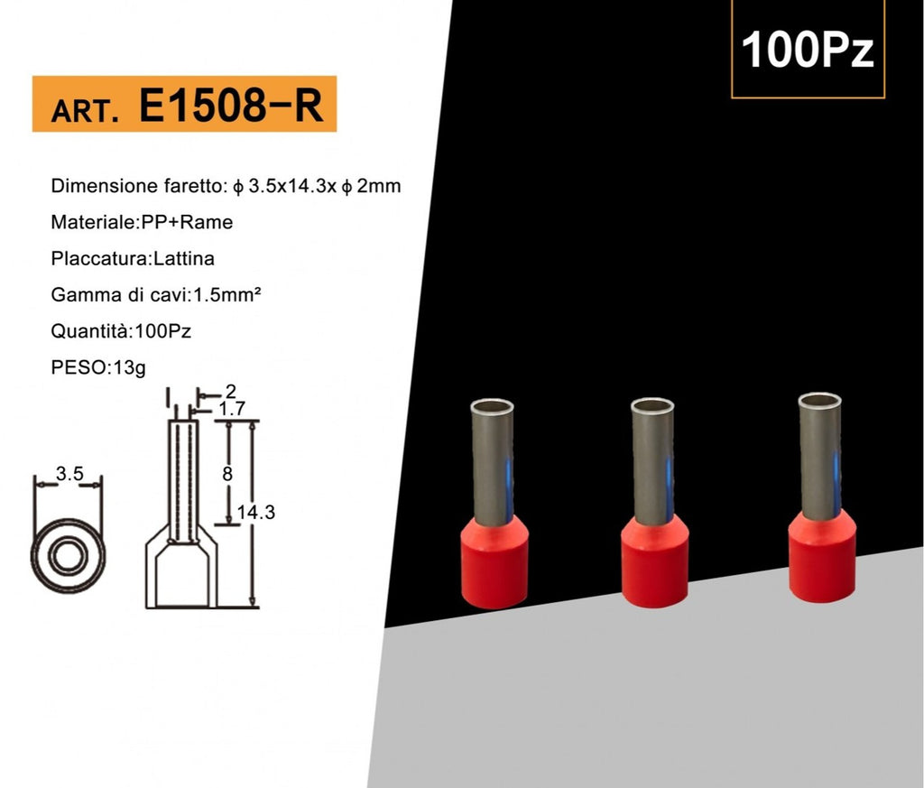 Confezione da 100 pezzi – Tubetto terminale capicorda isolato per cavi da 1,5 mm², lunghezza terminale 8 mm – Colori giallo, rosso, blu