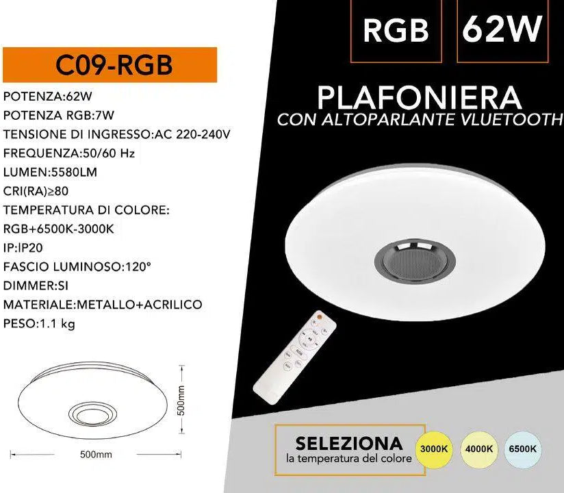 Plafoniera LED Circolare 62W RGB 3in1 | Effetto Cielo Stellato Bluetooth con Altoparlante e Telecomando