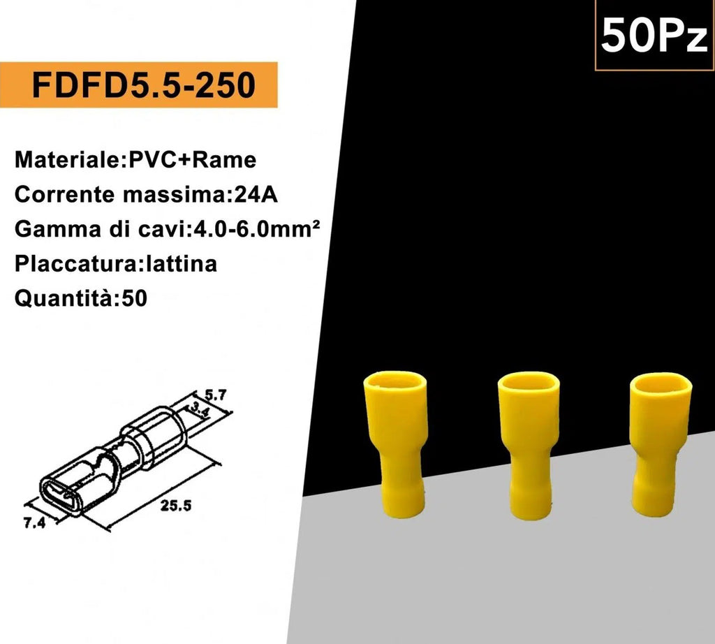 Confezione da 50 Pezzi – Terminale Isolato Capicorda Femmina FDFD5.5-250 per Cavi da 4 mm² a 6 mm² – Giallo