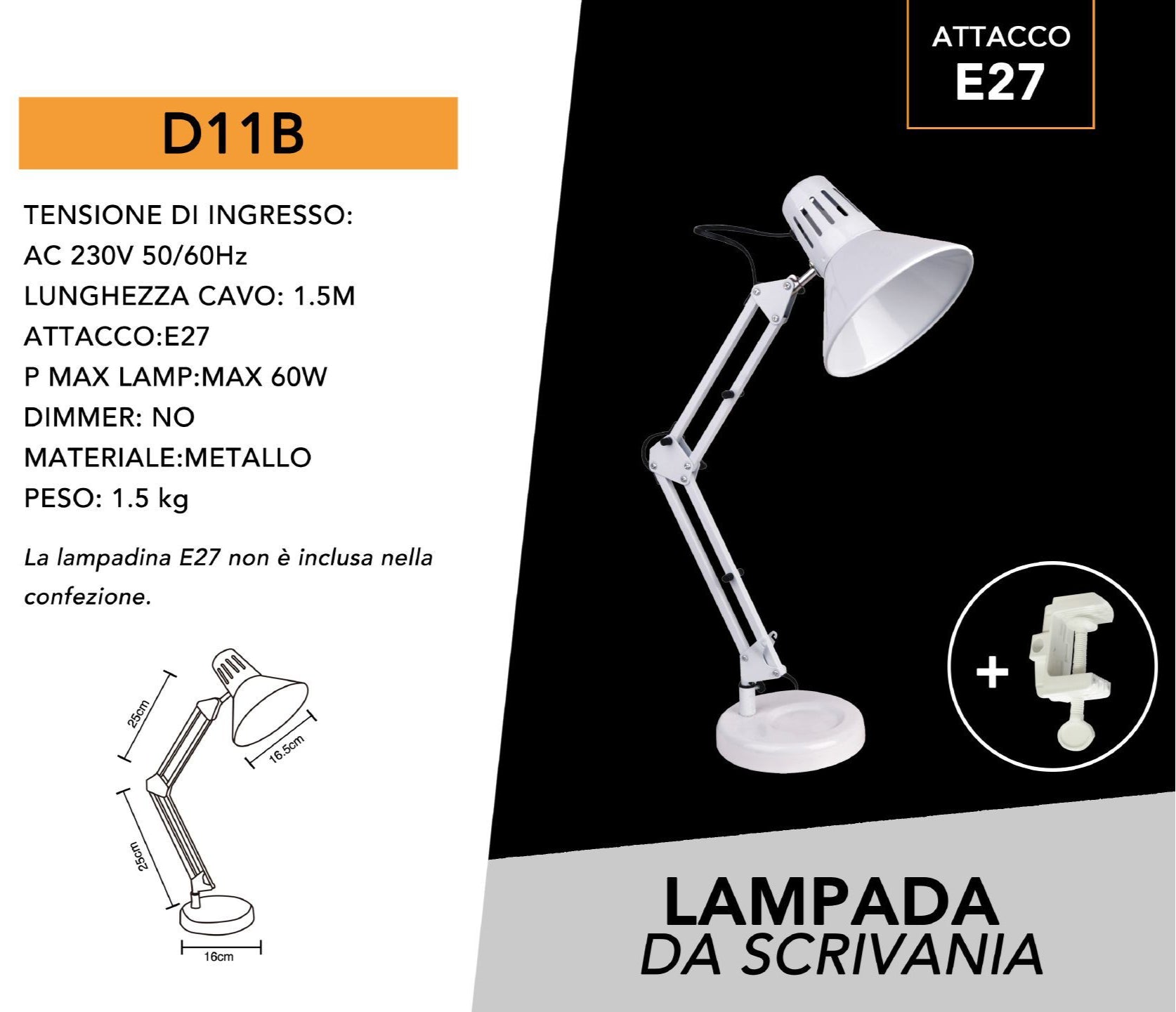 LAMPADA DA SCRIVANIA IN METALLO CON BRACCIO SNODABILE ED ORIENTABILE ATTACCO E27 COLORI ASSORTITI