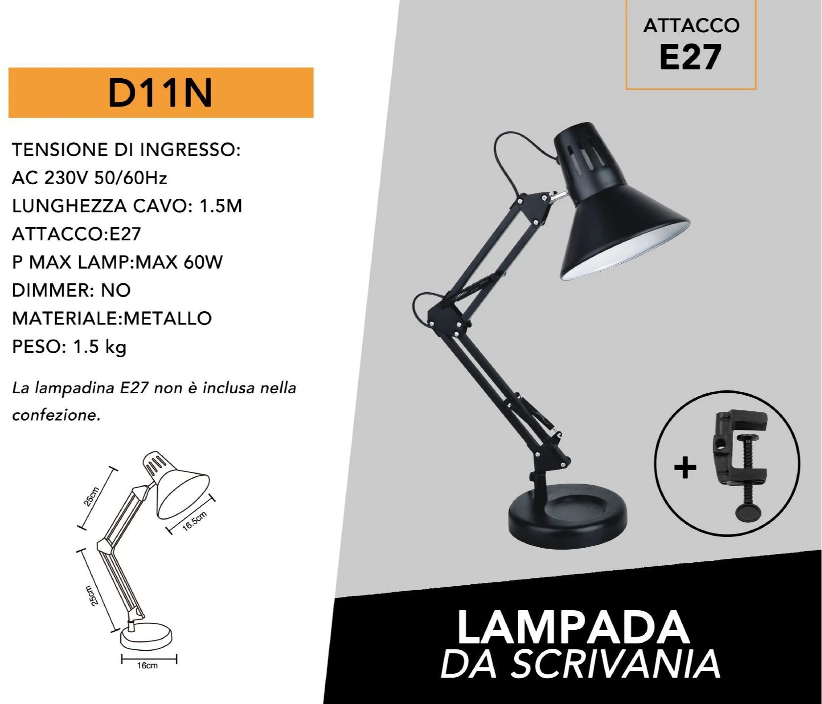 LAMPADA DA SCRIVANIA IN METALLO CON BRACCIO SNODABILE ED ORIENTABILE ATTACCO E27 COLORI ASSORTITI